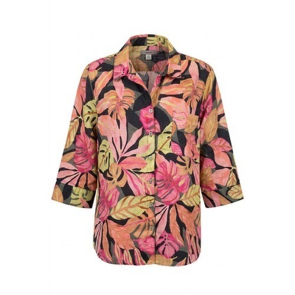 Chicos Linen Shirt Women XL 3P Artsy Tropical Button Up No Iron Coastal Beachy